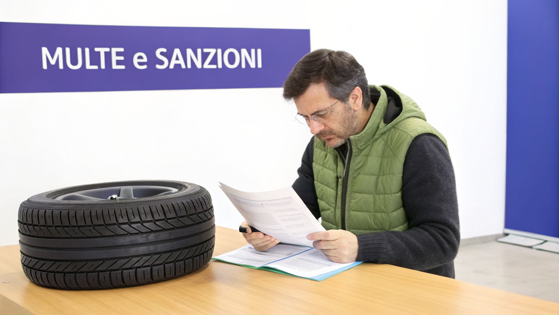 Uomo legge documenti al tavolo con uno pneumatico auto e il cartello 'MULTE e SANZIONI' sullo sfondo.
