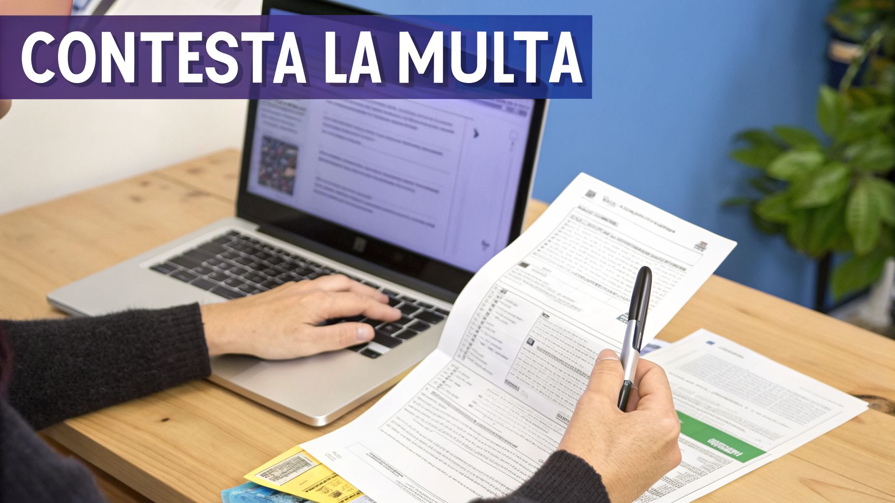 Una persona esamina documenti e digita al portatile, con il banner 'CONTESTA LA MULTA' in primo piano.