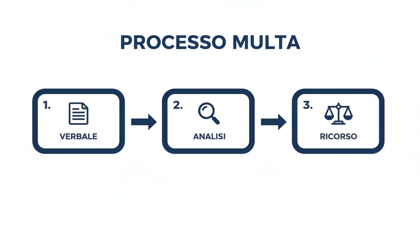 Schema che illustra il processo di gestione di una multa, con i tre passaggi principali: verbale, analisi e ricorso.