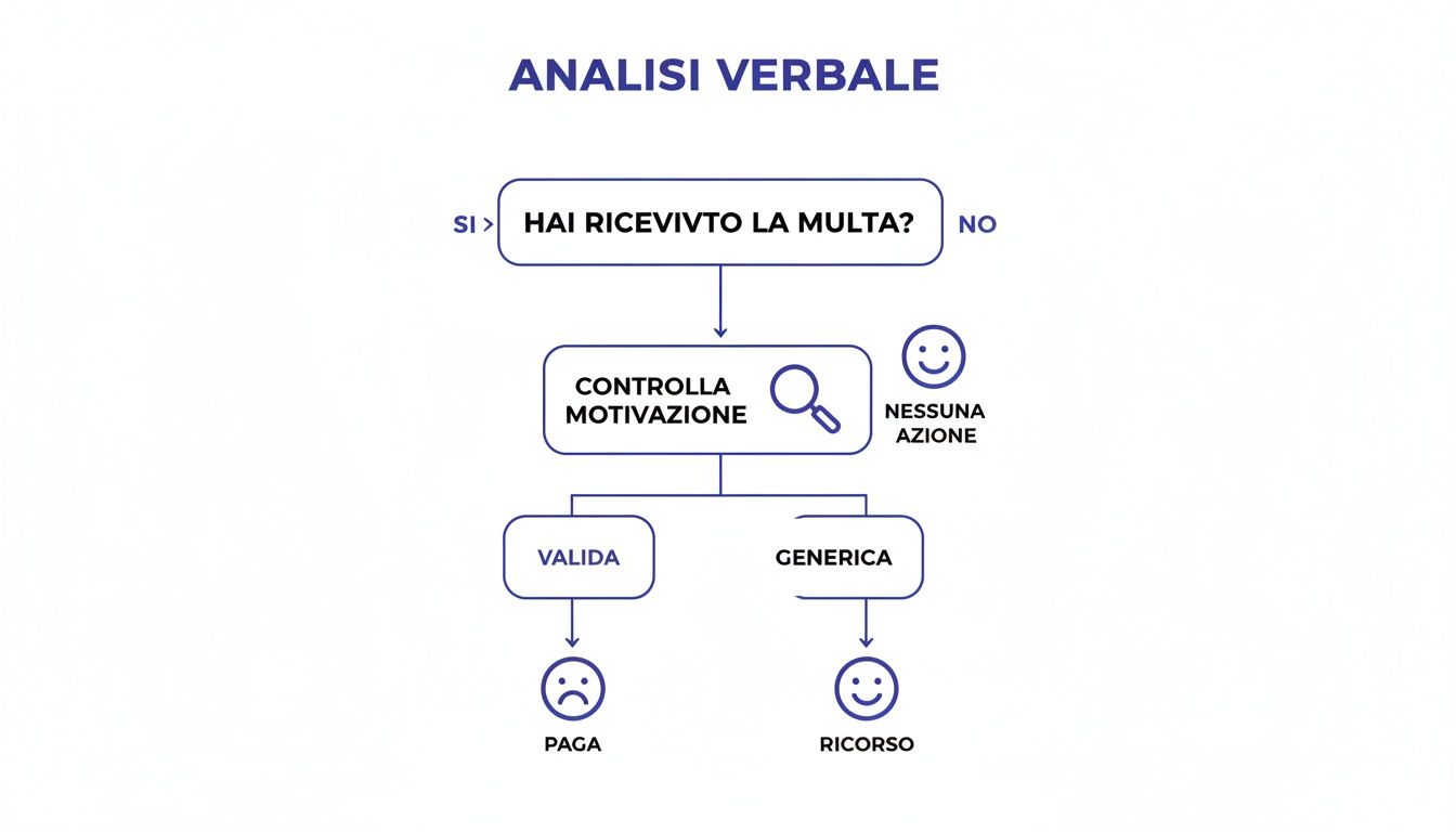 Diagramma di flusso che mostra l'analisi di una multa: dalla ricezione al pagamento o ricorso, basato sulla validità della motivazione.