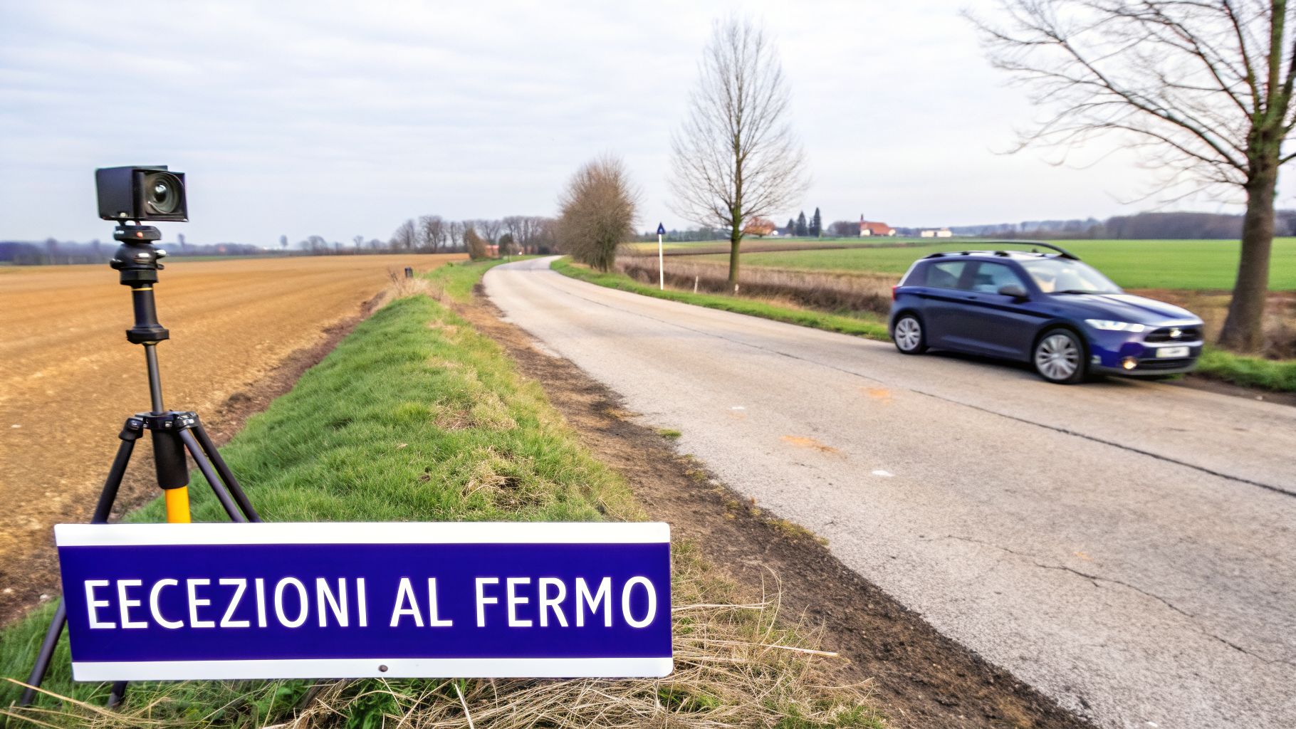 Autovelox mobile posizionato su un treppiede a lato di una strada rurale, con un'auto blu e un cartello "ECCEZIONI AL FERMO".