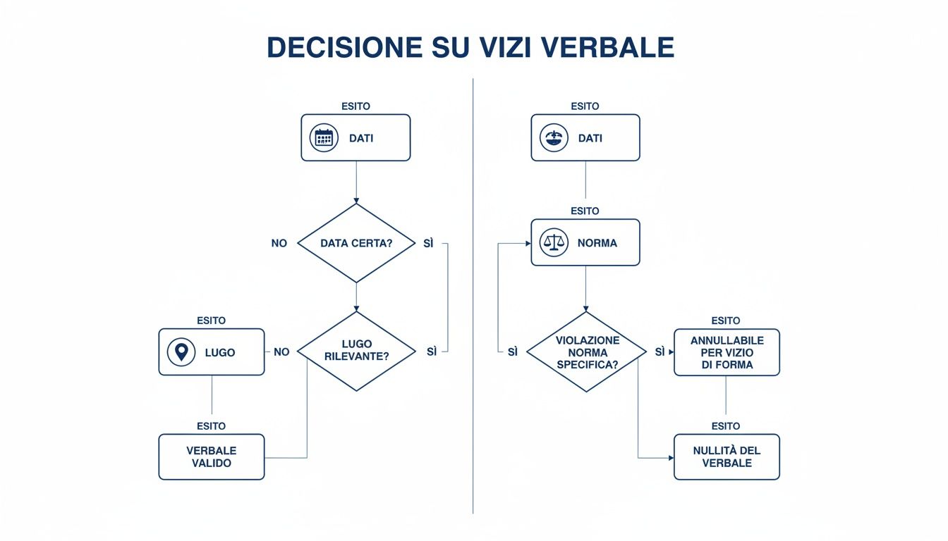 Diagramma di flusso che illustra il processo decisionale sui vizi del verbale, analizzando dati, luogo e norme per determinarne la validità e l'esito.