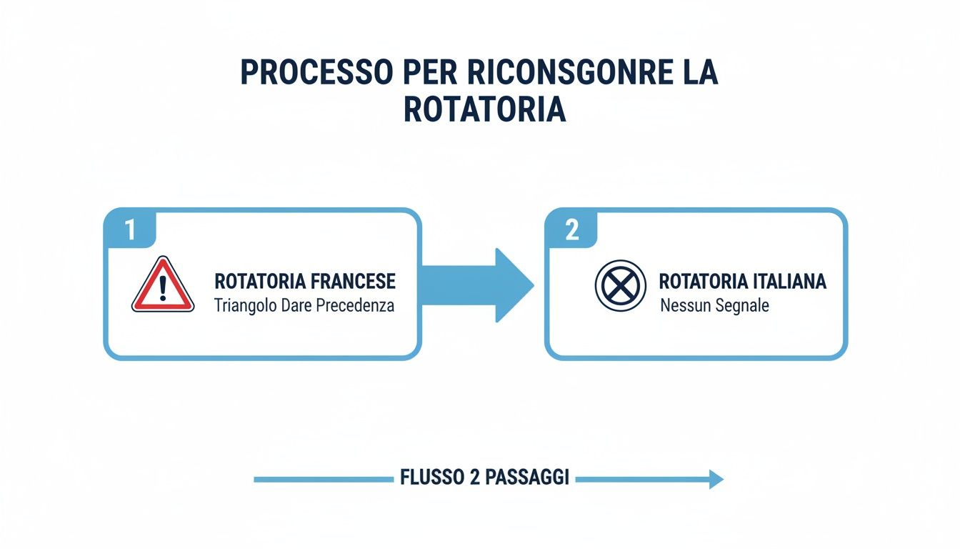 Un diagramma confronta le regole di precedenza per le rotatorie francesi (dare precedenza) e italiane (nessun segnale).