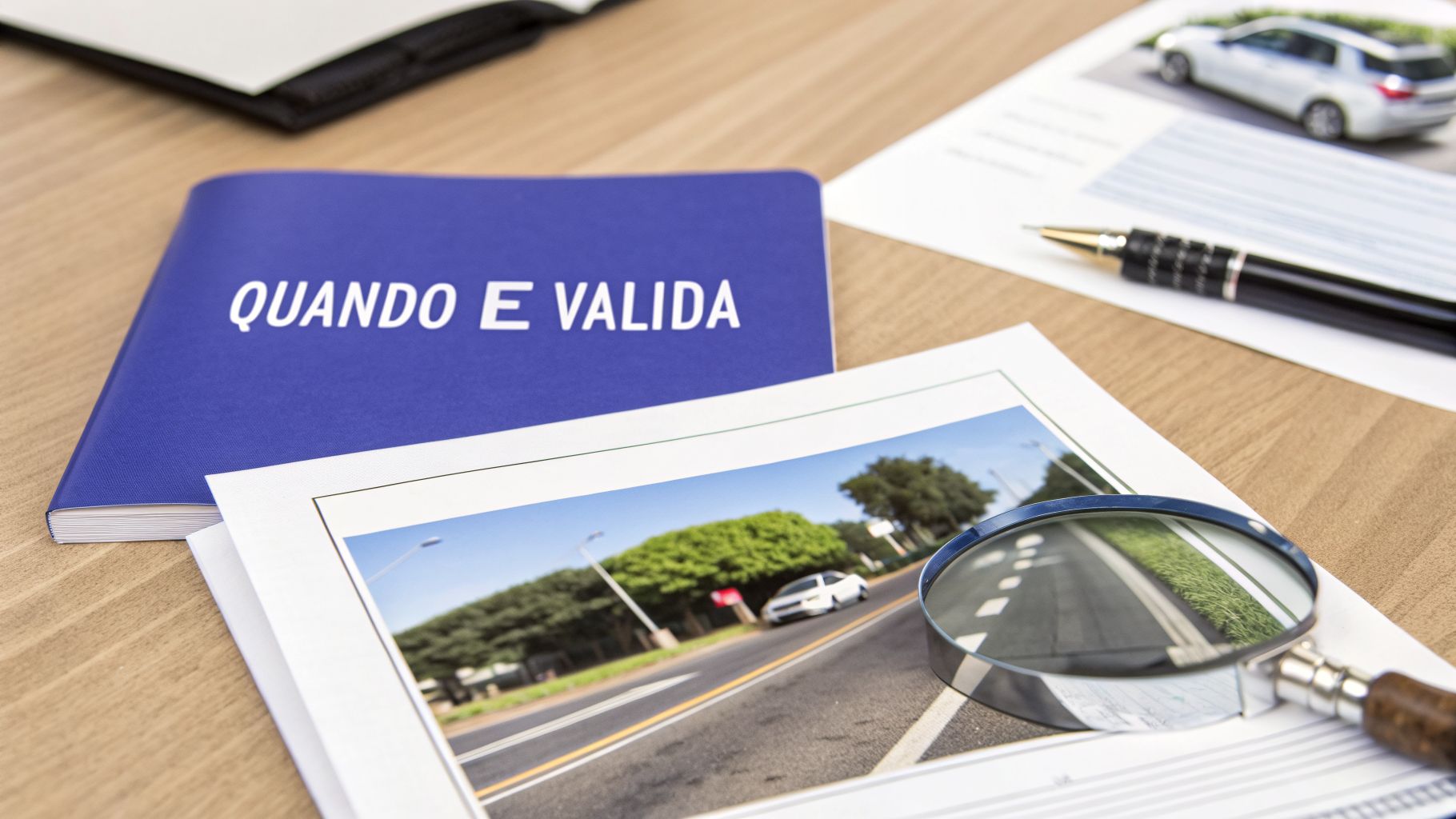 Documenti di guida con opuscolo 'QUANDO E VALIDA', lente d'ingrandimento e penna su tavolo di legno.