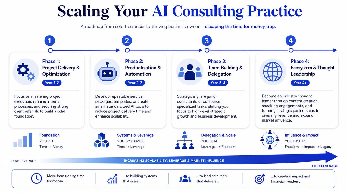 A strategic four-phase roadmap illustration showing how to scale an AI consulting practice over four years.