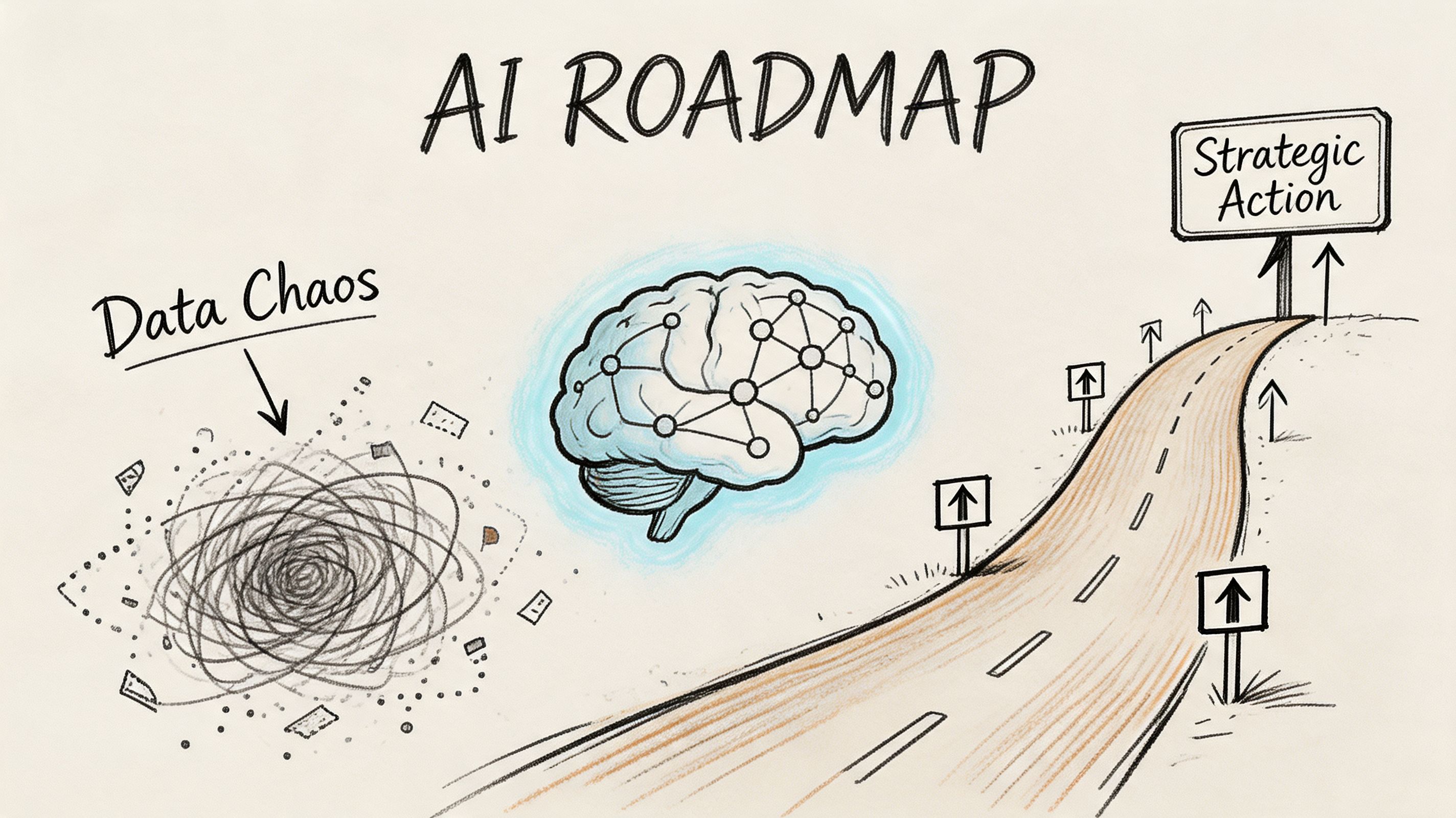 Uma ilustração desenhada à mão a mostrar um roteiro de IA que vai do caos de dados à acção estratégica.