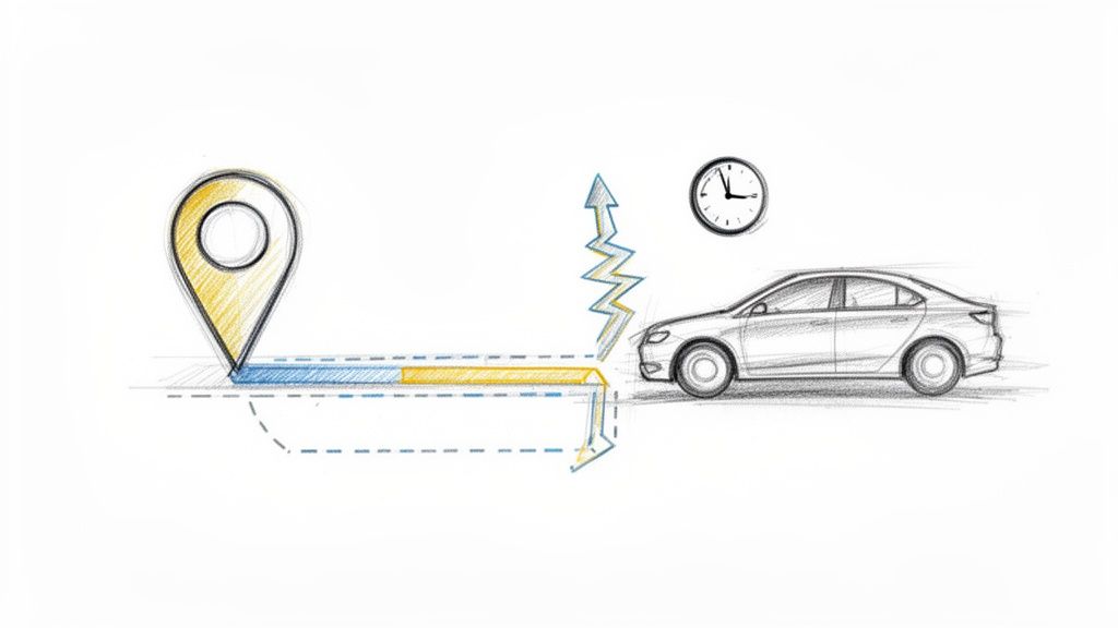 Ilustração com navegação por carro, um pin de mapa, um relógio e uma rota com uma viragem sugerida.