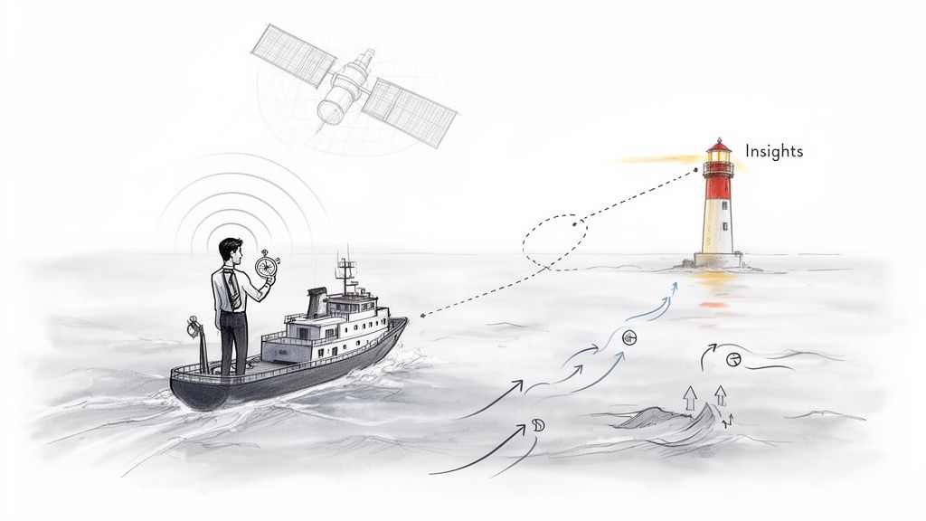 Empresário num barco navega dados complexos com satélite e bússola, procurando insights num farol.