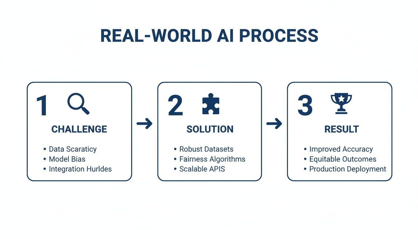 Um diagrama em três etapas que descreve o processo de IA no mundo real, desde os desafios até às soluções e resultados.
