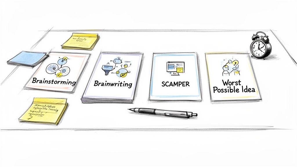 Uma secretária com várias técnicas de ideação, incluindo Brainstorming, Brainwriting, SCAMPER e Pior Ideia Possível, acompanhadas de post-its, uma caneta e um despertador.