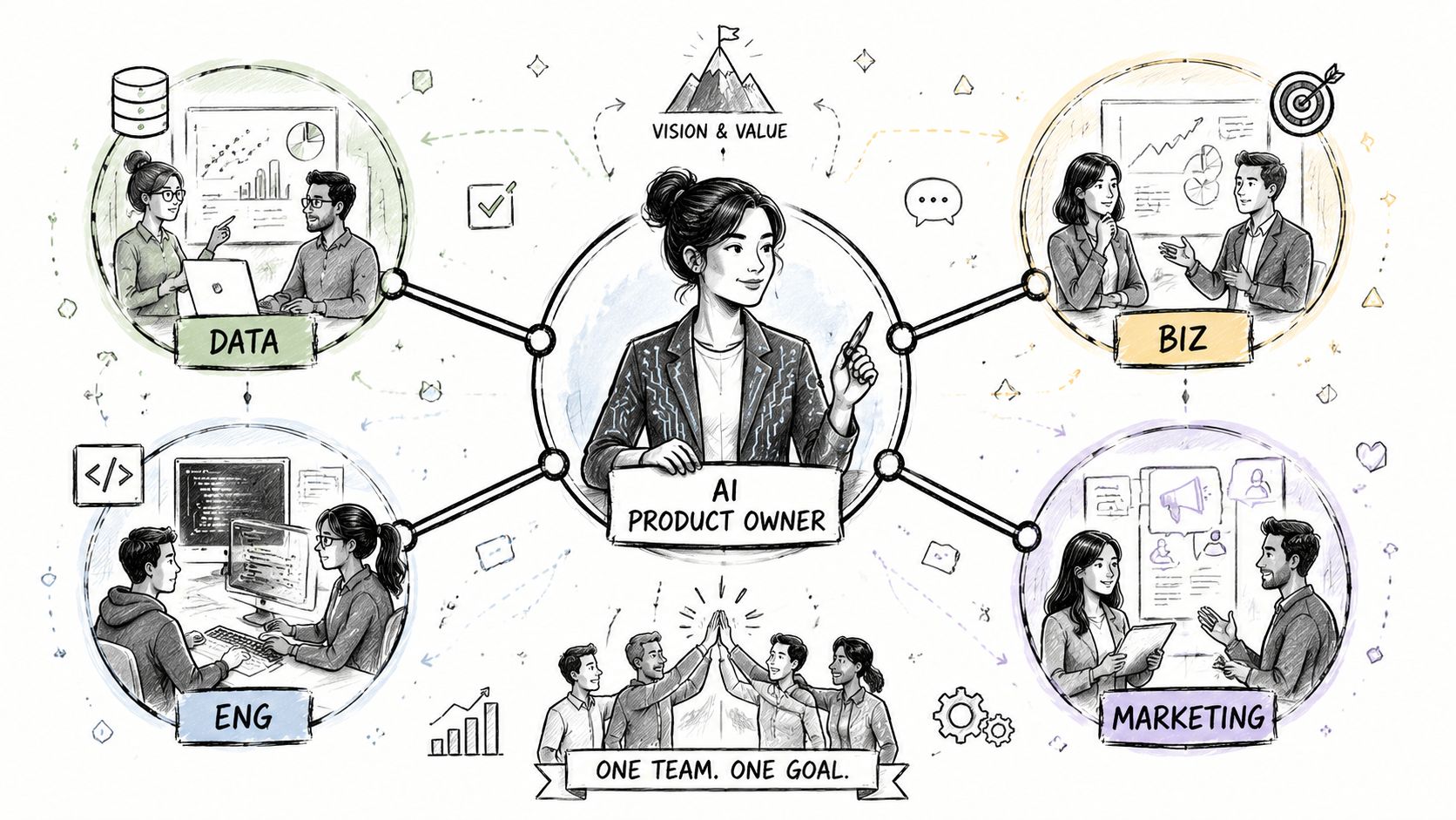 An AI product owner at the center connecting with data, business, engineering, and marketing teams.