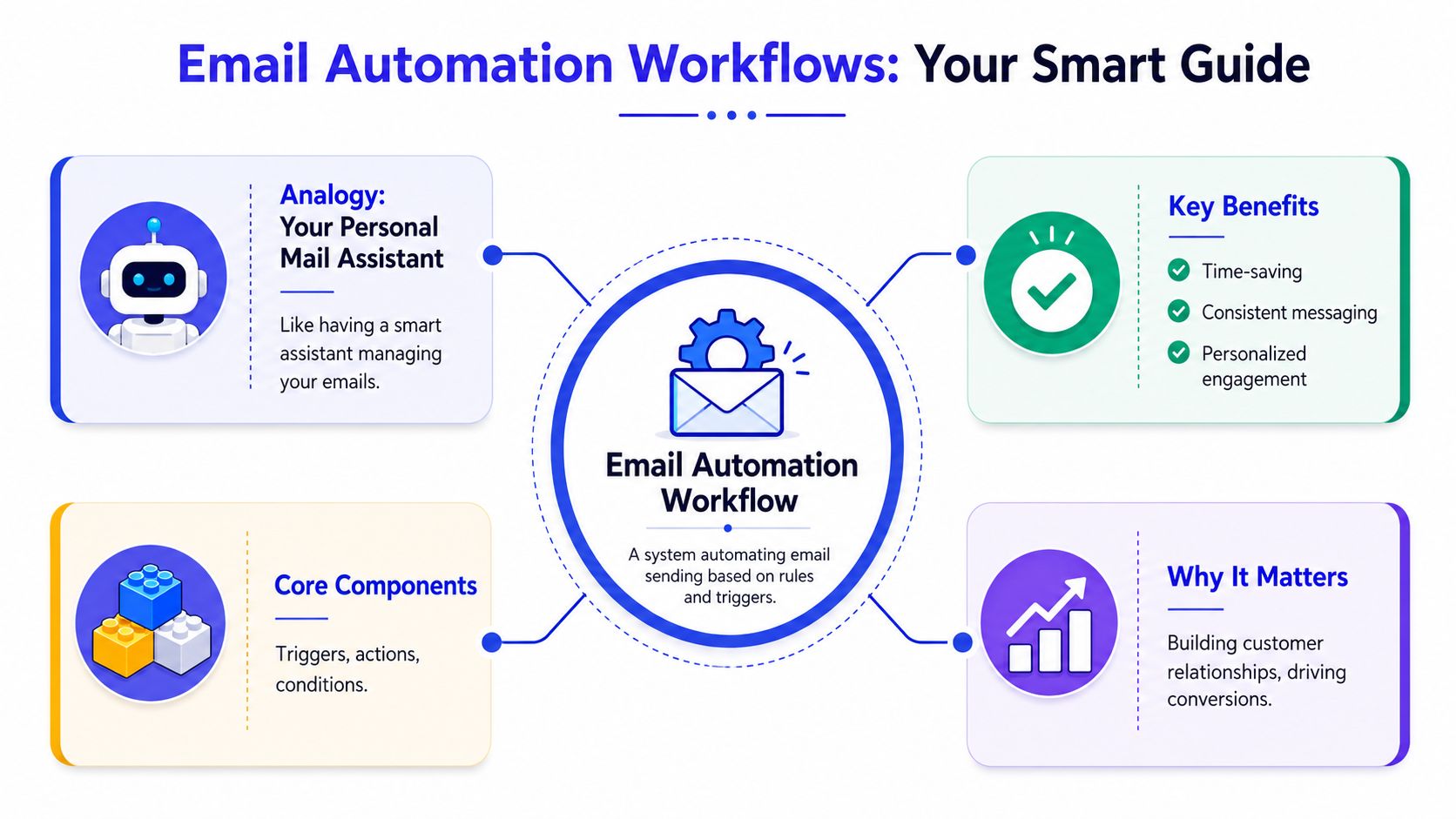 Infografía que explica el concepto, los beneficios y los componentes de los flujos de automatización del correo electrónico para el marketing empresarial.