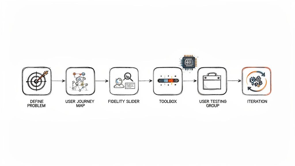 Diagrama de flujo que ilustra un proceso de diseño y desarrollo de software desde la definición del problema hasta la iteración, incluyendo IA.