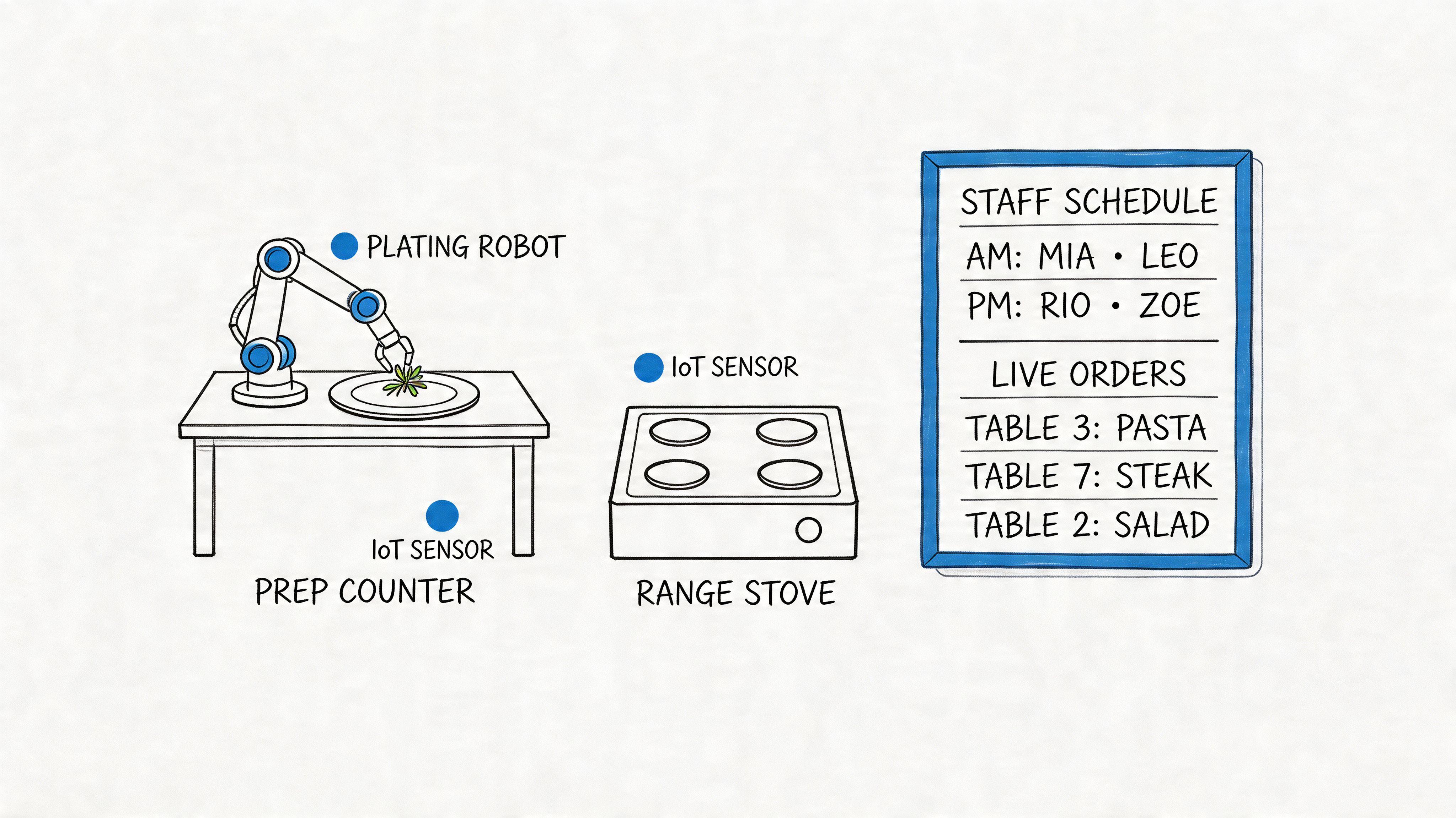 A digital illustration showing a restaurant kitchen with a robot plating food, sensors, and a digital schedule.