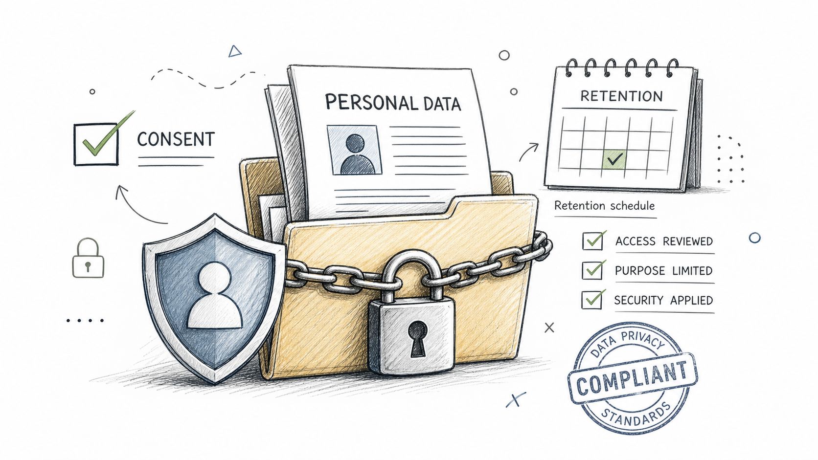 A hand-drawn illustration depicting secure personal data management with compliance icons and a locked file folder.