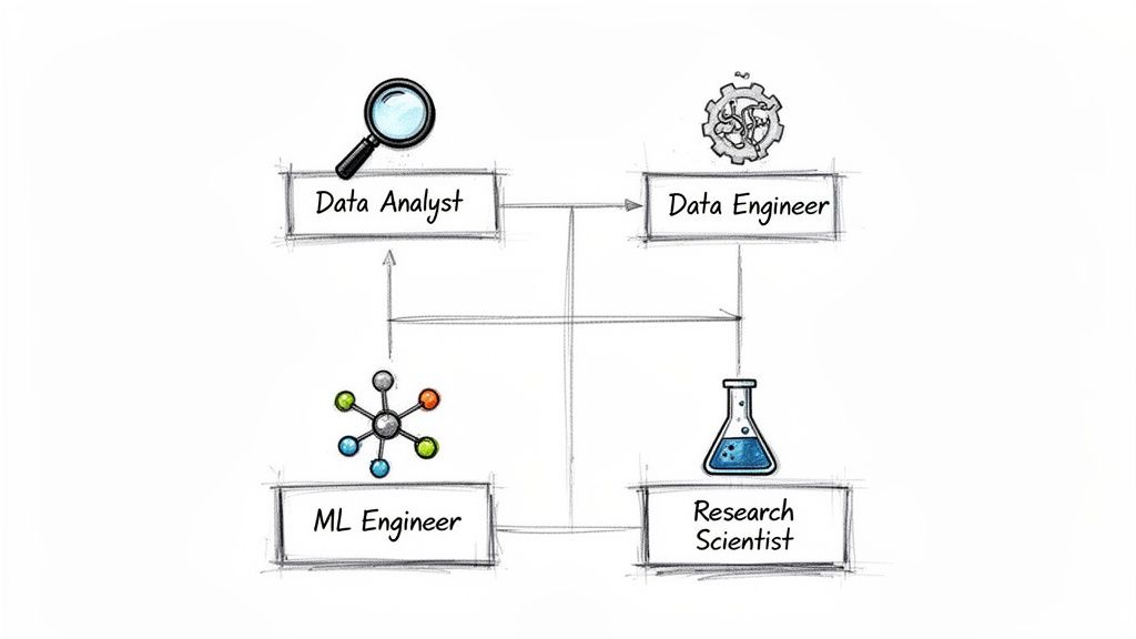 A diagram illustrating the interconnected roles of Data Analyst, Data Engineer, ML Engineer, and Research Scientist.