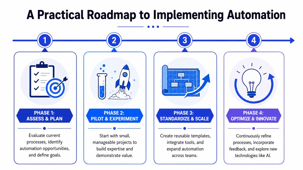 Diagrama de roteiro em quatro fases para implementar a automatização, com avaliação, projetos-piloto, padronização e otimização.