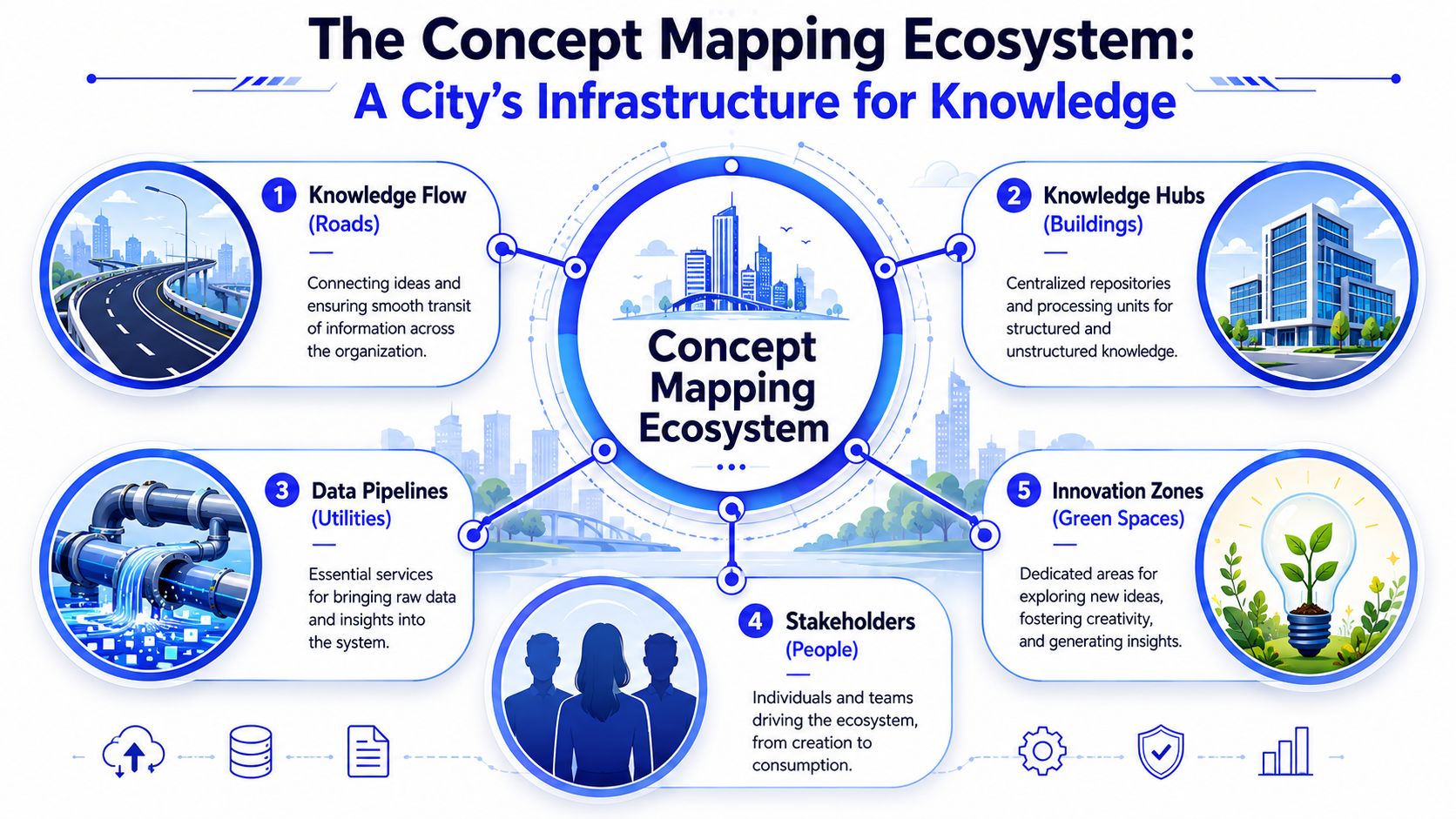 An infographic titled The Concept Mapping Ecosystem illustrating how organizational knowledge resembles city infrastructure and urban planning.