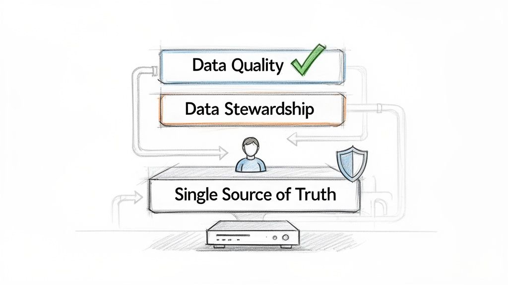 A diagram illustrating data quality, data stewardship, and a single source of truth concepts.