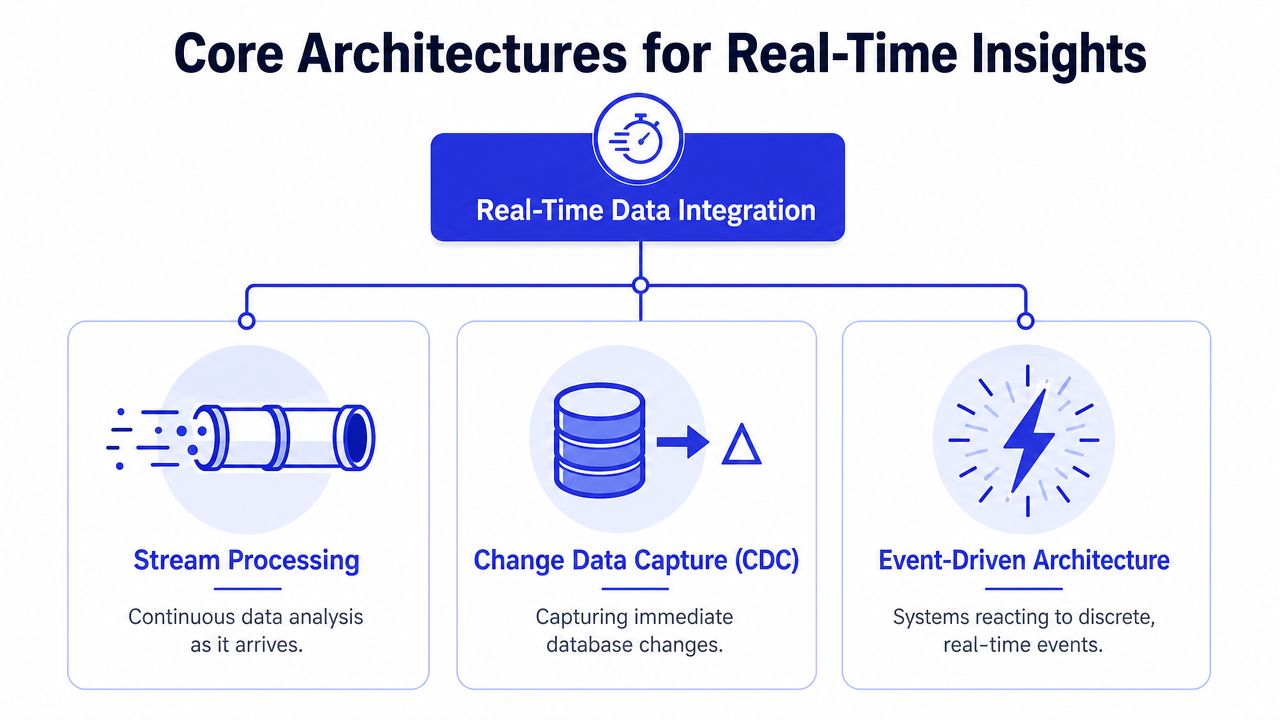 A diagram outlining the three core architectures for real-time data integration: stream processing, CDC, and event-driven systems.