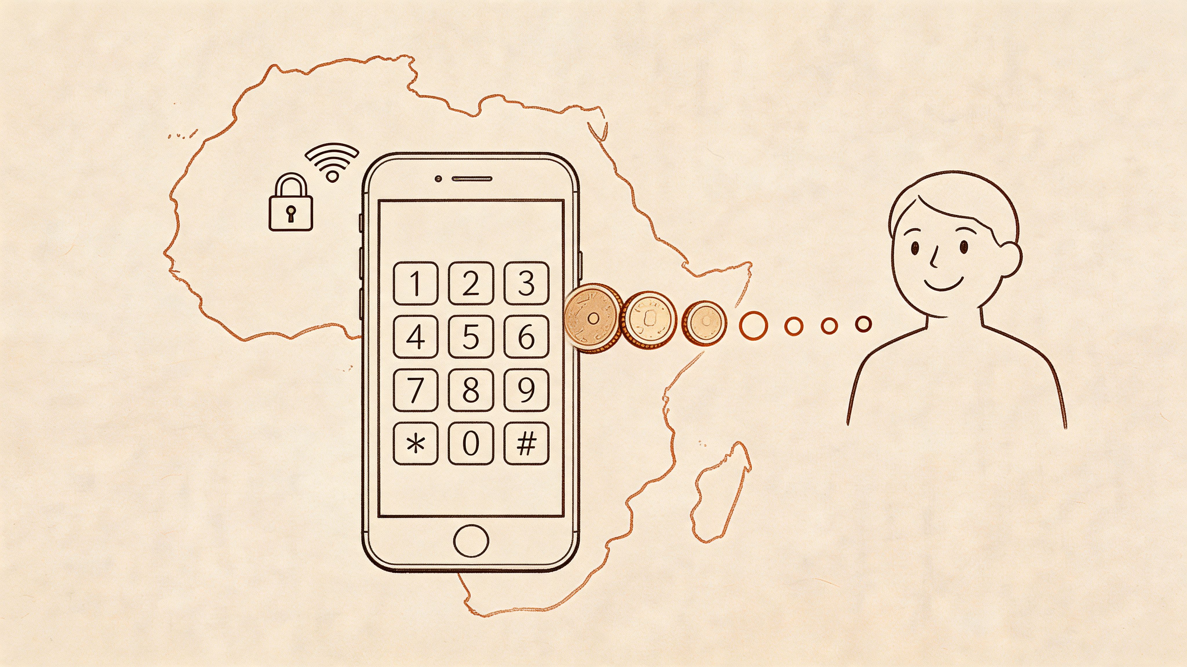Ilustração conceptual de banca móvel e inclusão financeira para pessoas no continente africano.