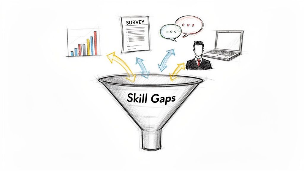 A visual representation of inputs like data, surveys, and feedback being analyzed to identify skill gaps.