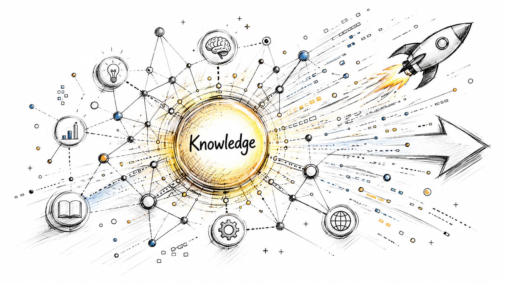 A conceptual diagram showing a central knowledge hub connected to various icons like a brain, rocket, and globe.