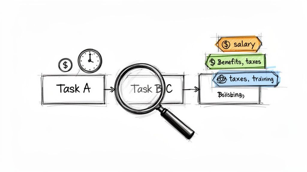 A hand-drawn flowchart diagram showing tasks, a magnifying glass analyzing them, and financial outcomes like salary, benefits, and taxes.