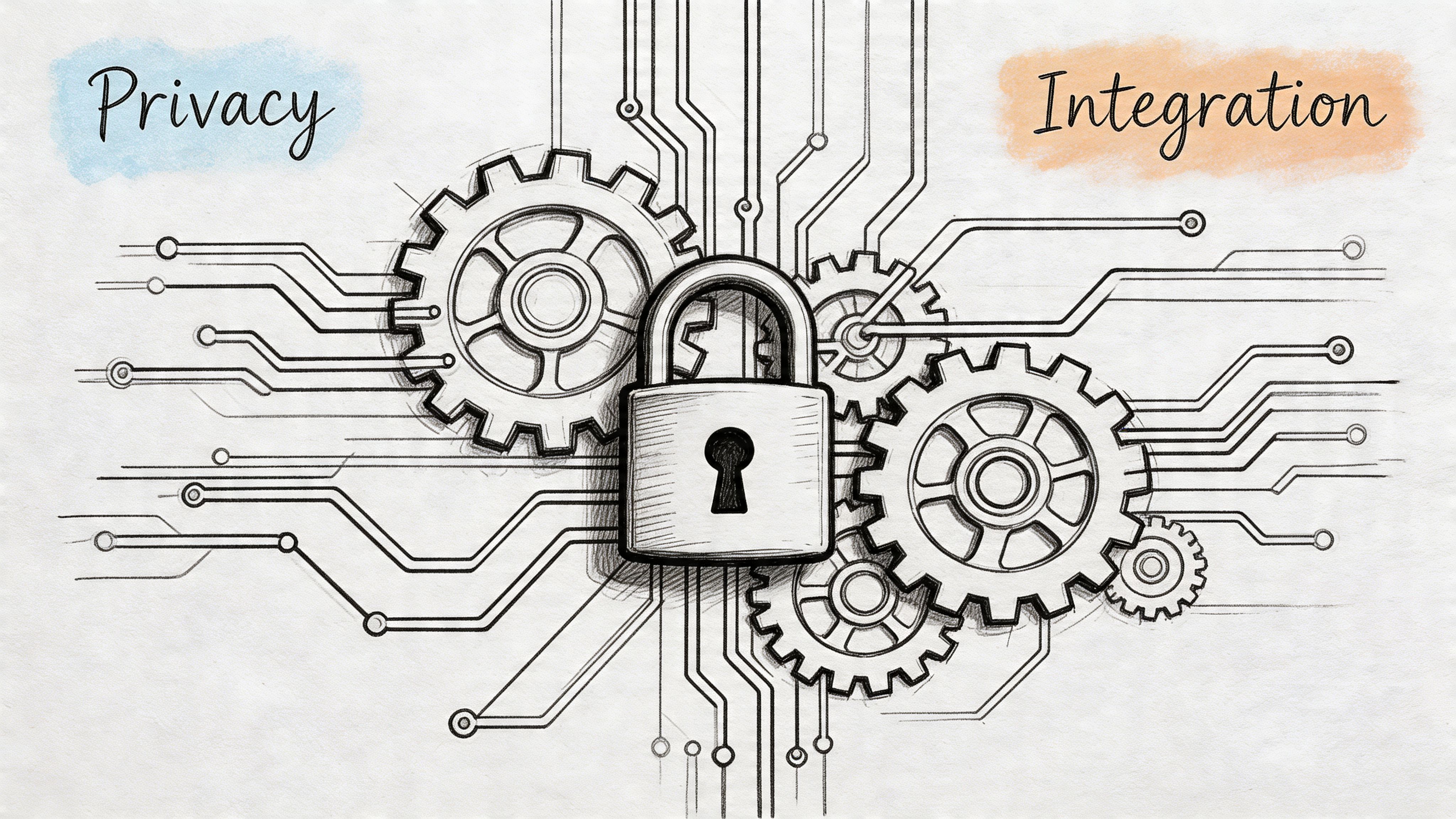 A conceptual sketch featuring a padlock surrounded by mechanical gears and circuit board lines for data protection.