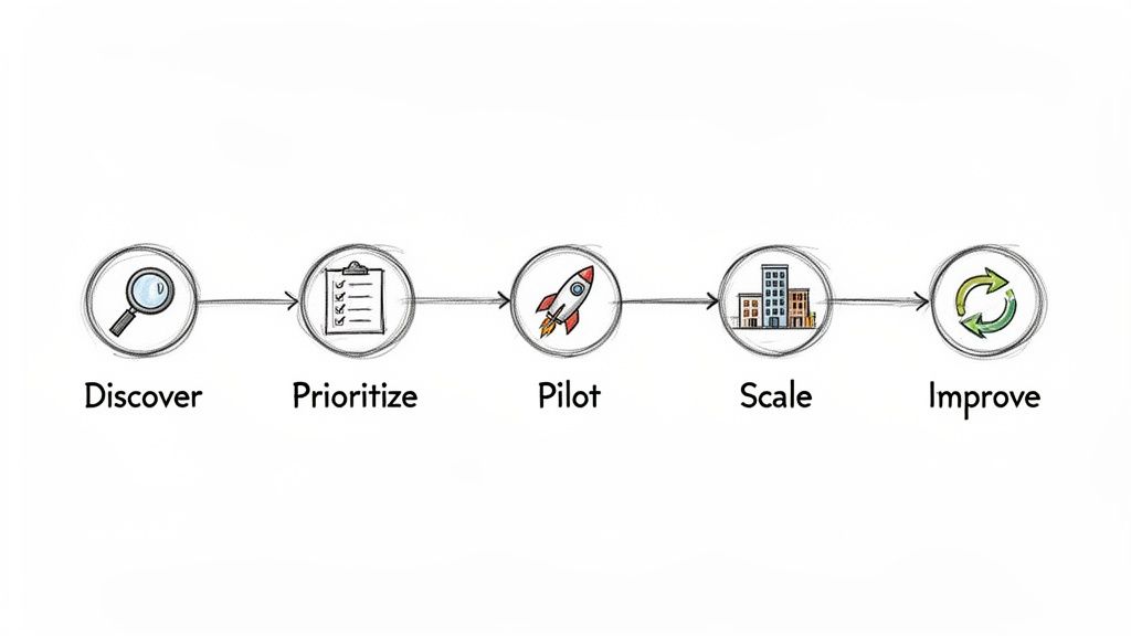 A five-step business process diagram with icons: Discover, Prioritize, Pilot, Scale, Improve.