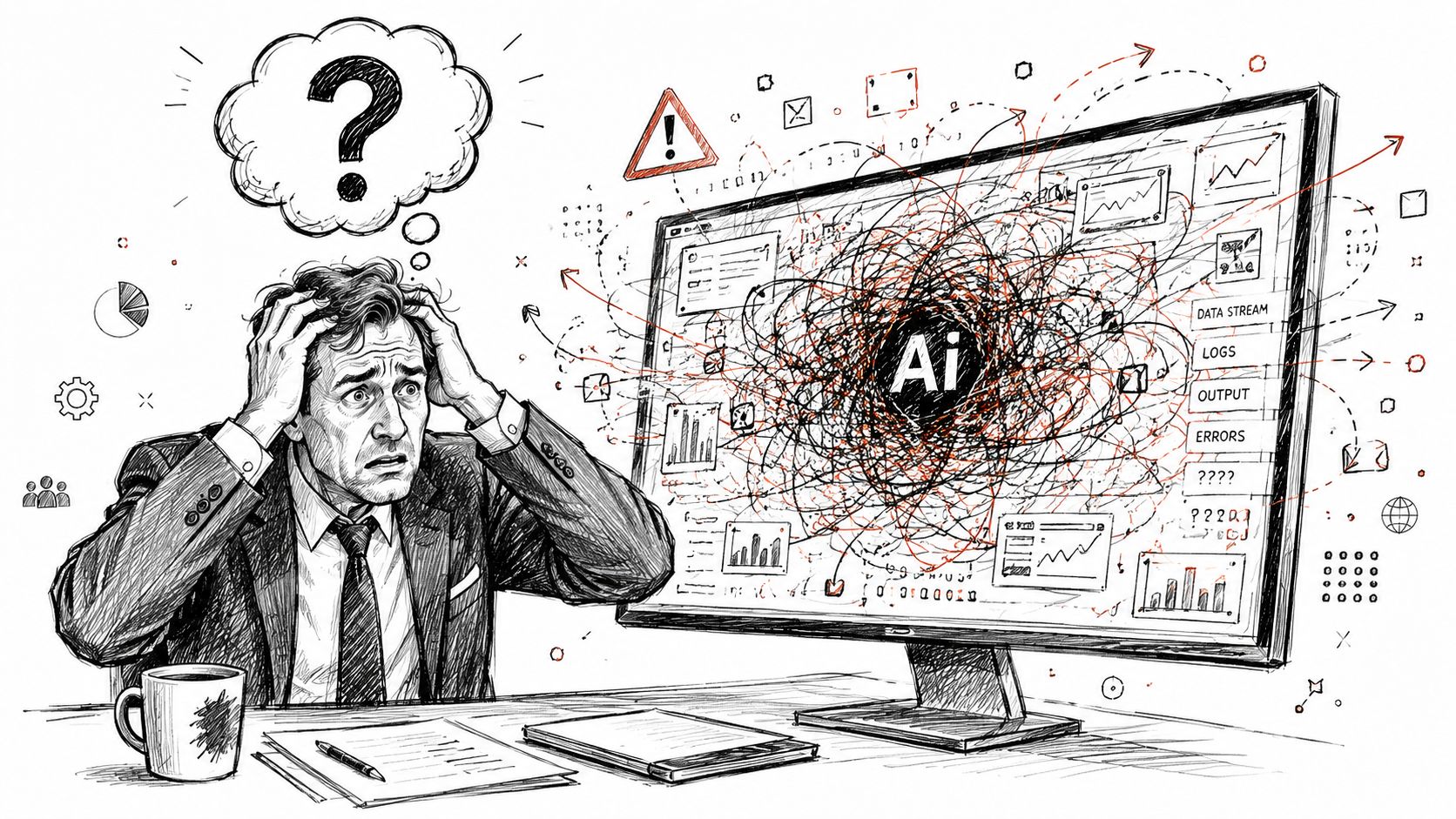 Un empresario estresado mira un monitor de ordenador que muestra una visualización de datos caótica con temática de IA y errores.