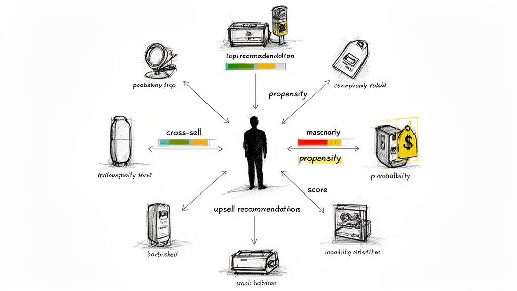 Diagrama a mostrar insights de clientes com recomendações de produtos, cross-sell, upsell e pontuações de propensão.