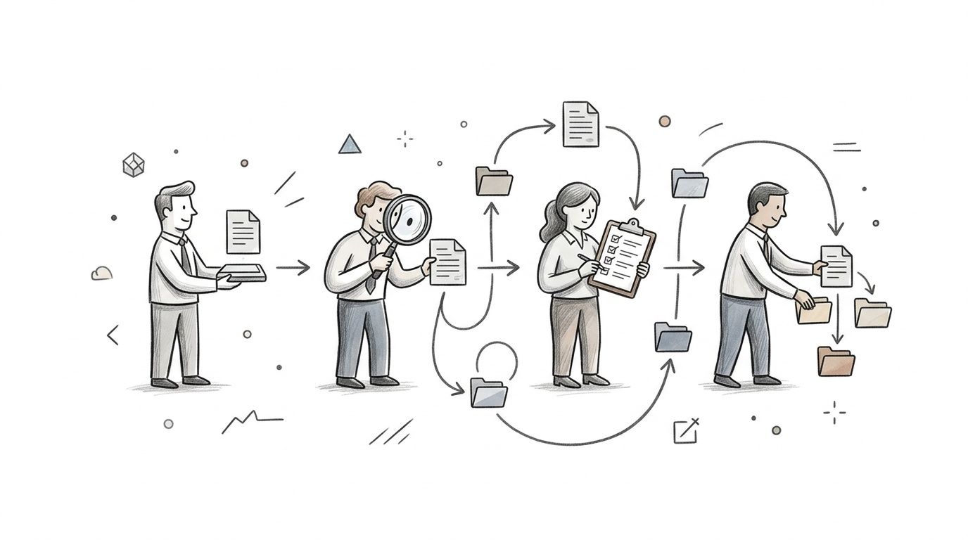 Ilustração esquiçada de um fluxo de trabalho empresarial com pessoas a processar documentos por etapas e a arquivá-los em pastas.