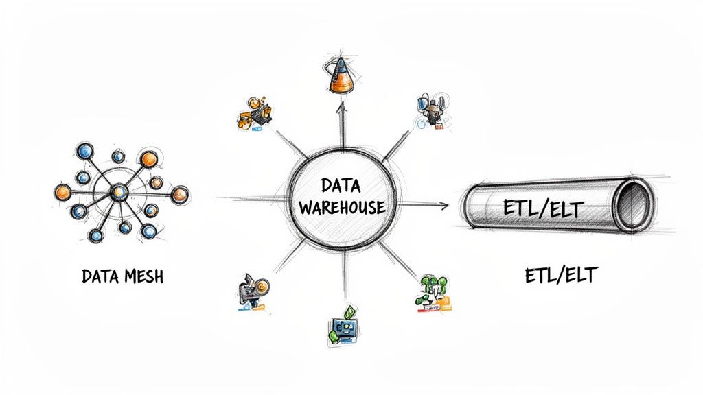 Diagram illustrating Data Mesh, a central Data Warehouse with various incoming data sources, and an ETL/ELT pipeline.