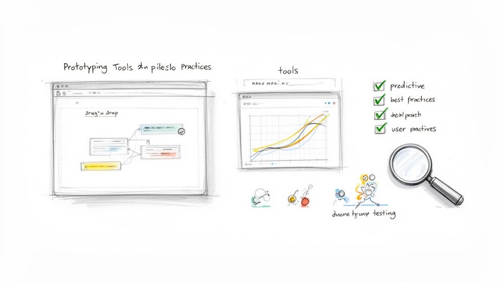 Boceto a mano de herramientas de prototipado con un flujo de trabajo de arrastrar y soltar, gráficos de datos y una lista de verificación.