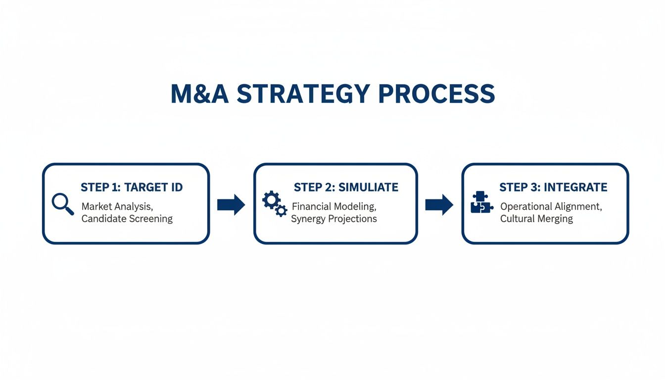 A flowchart illustrating the M&A strategy process with three steps: Target ID, Simulate, and Integrate.