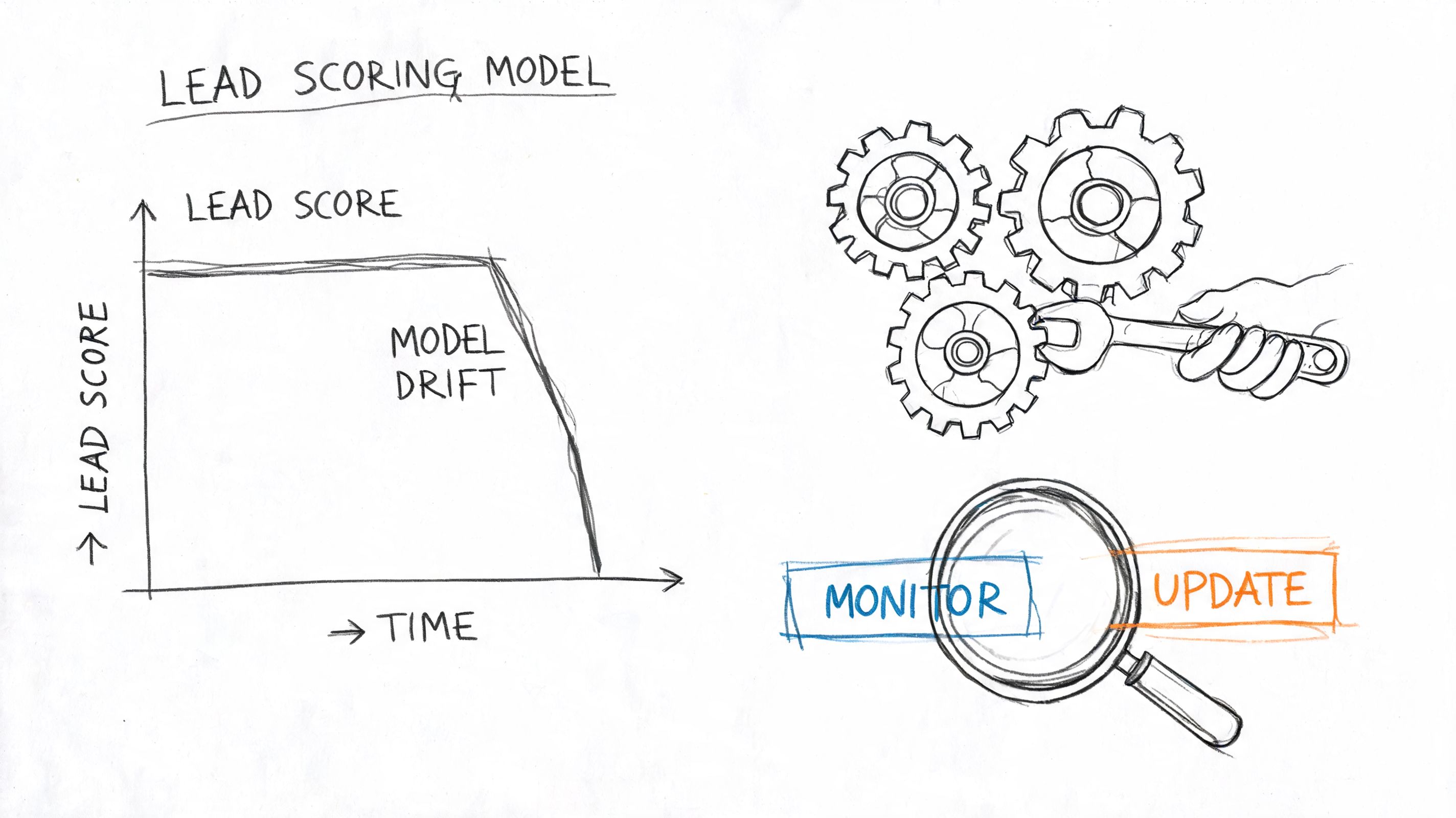 Ilustração desenhada à mão que representa um modelo de lead scoring, mostrando a deriva do modelo ao longo do tempo e conceitos de manutenção.