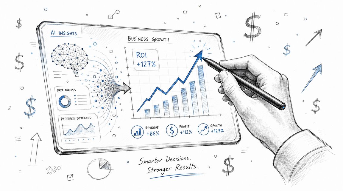 Una mano dibujando un gráfico de crecimiento empresarial ascendente en una tableta digital con información de inteligencia artificial.