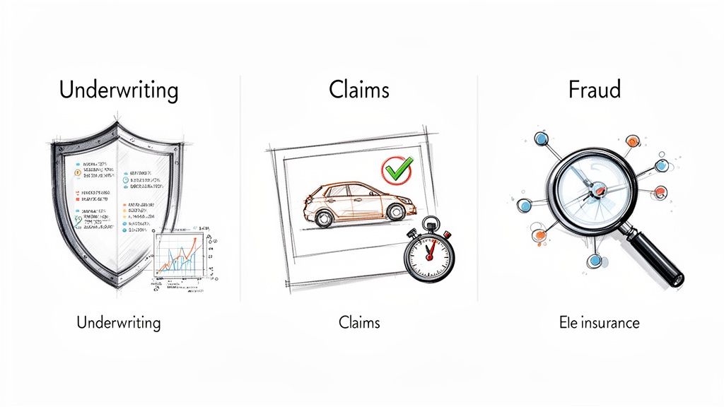 Sketches illustrating underwriting, claims processing, and fraud detection in the insurance industry with relevant icons.