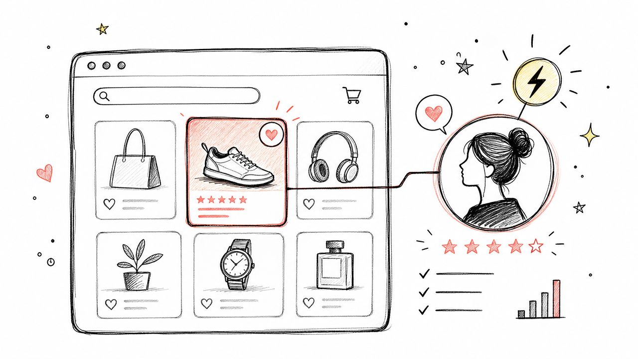 Esboço desenhado à mão de uma interface de compras online ligada a um perfil de cliente com análises.