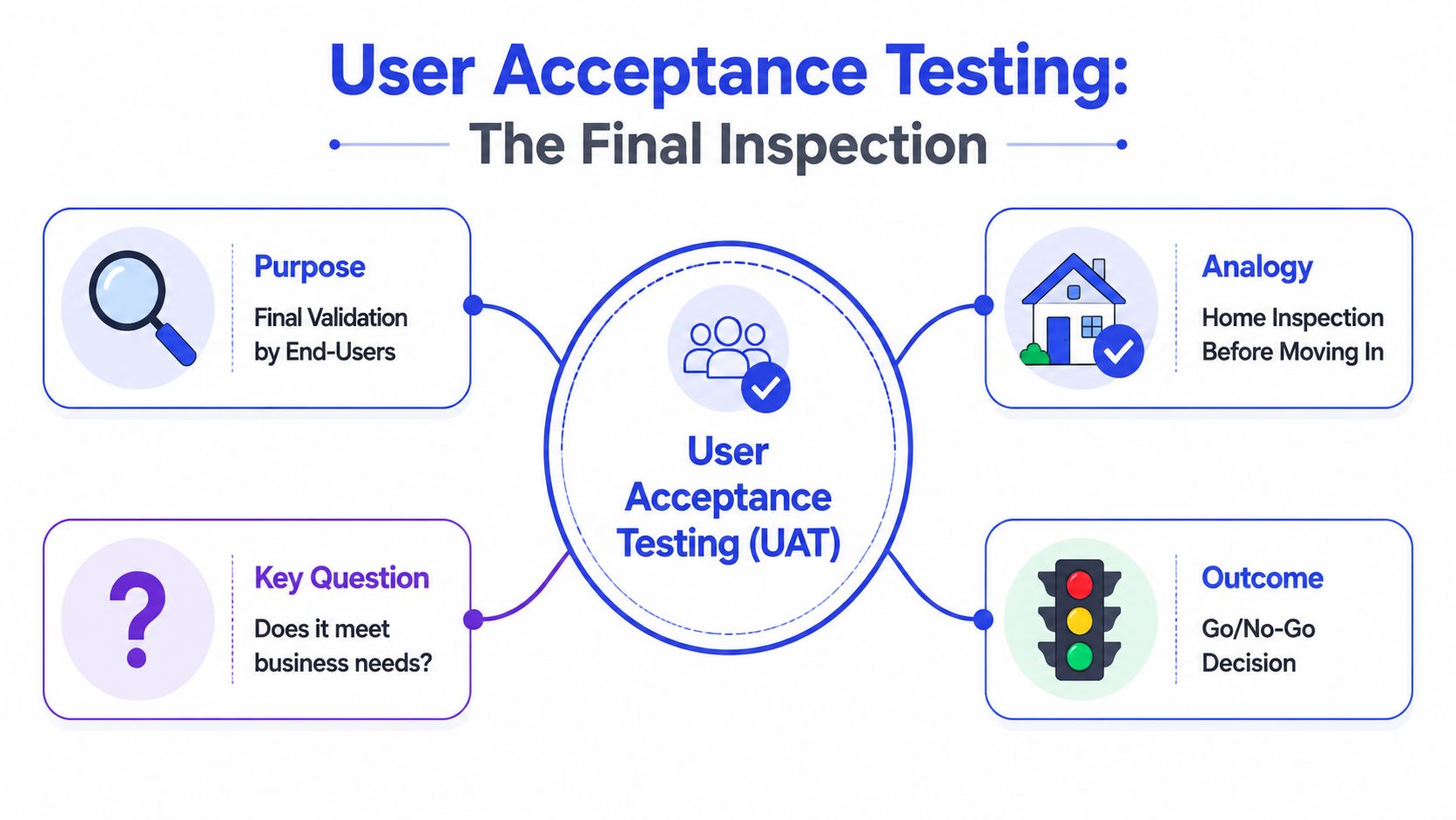 An infographic explaining the concept of User Acceptance Testing with its purpose, analogy, key question, and outcome.
