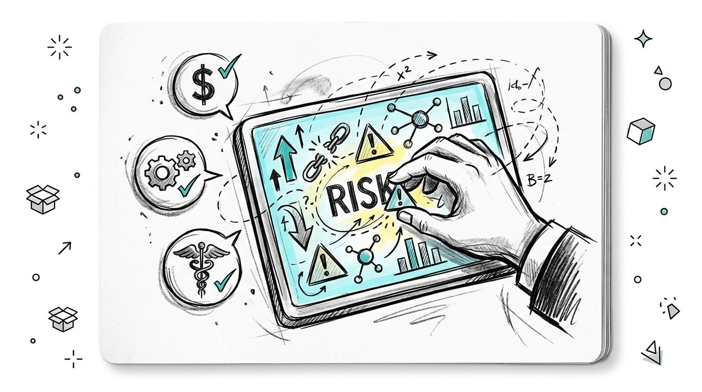 A hand using a digital tablet to analyze risks represented by various business and medical icons.