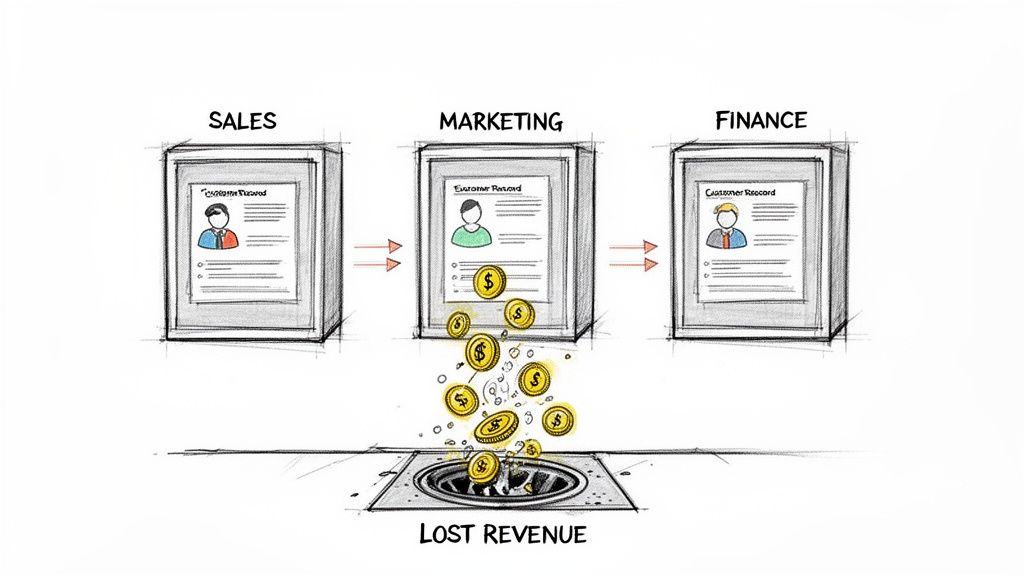 An illustration of customer records in Sales, Marketing, and Finance, with money draining as lost revenue.