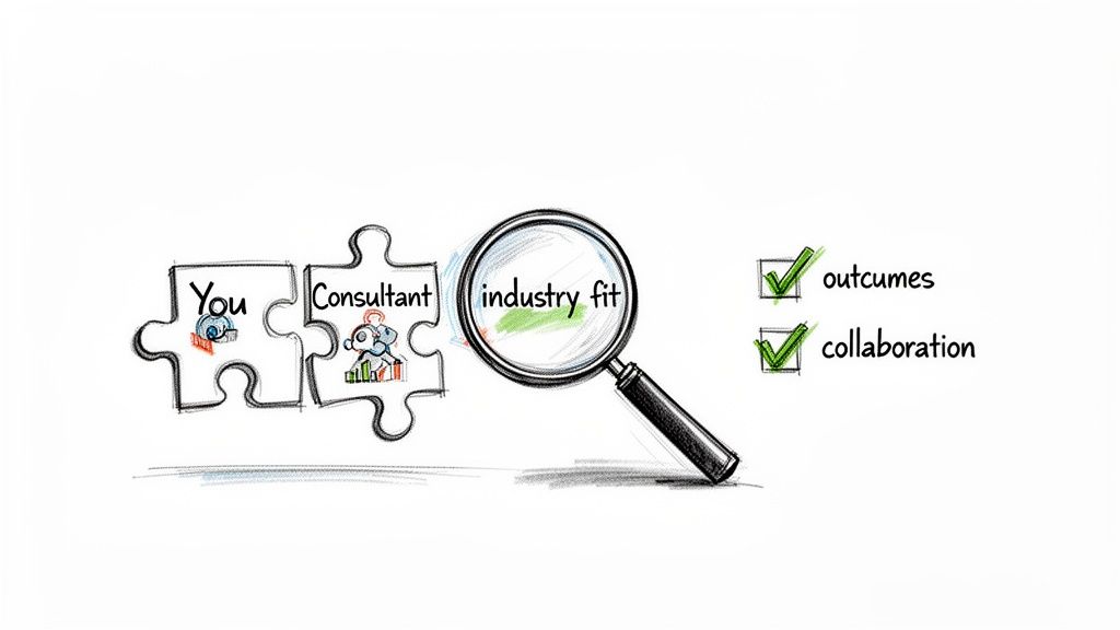Peças de puzzle 'You' e 'Consultant' encaixam, com 'industry fit' em destaque, resultando em 'outcomes' e 'collaboration'.