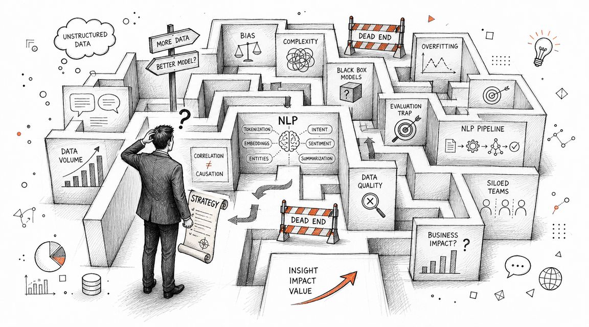 A professional in a suit navigates a complex maze representing NLP challenges and strategic business decisions.