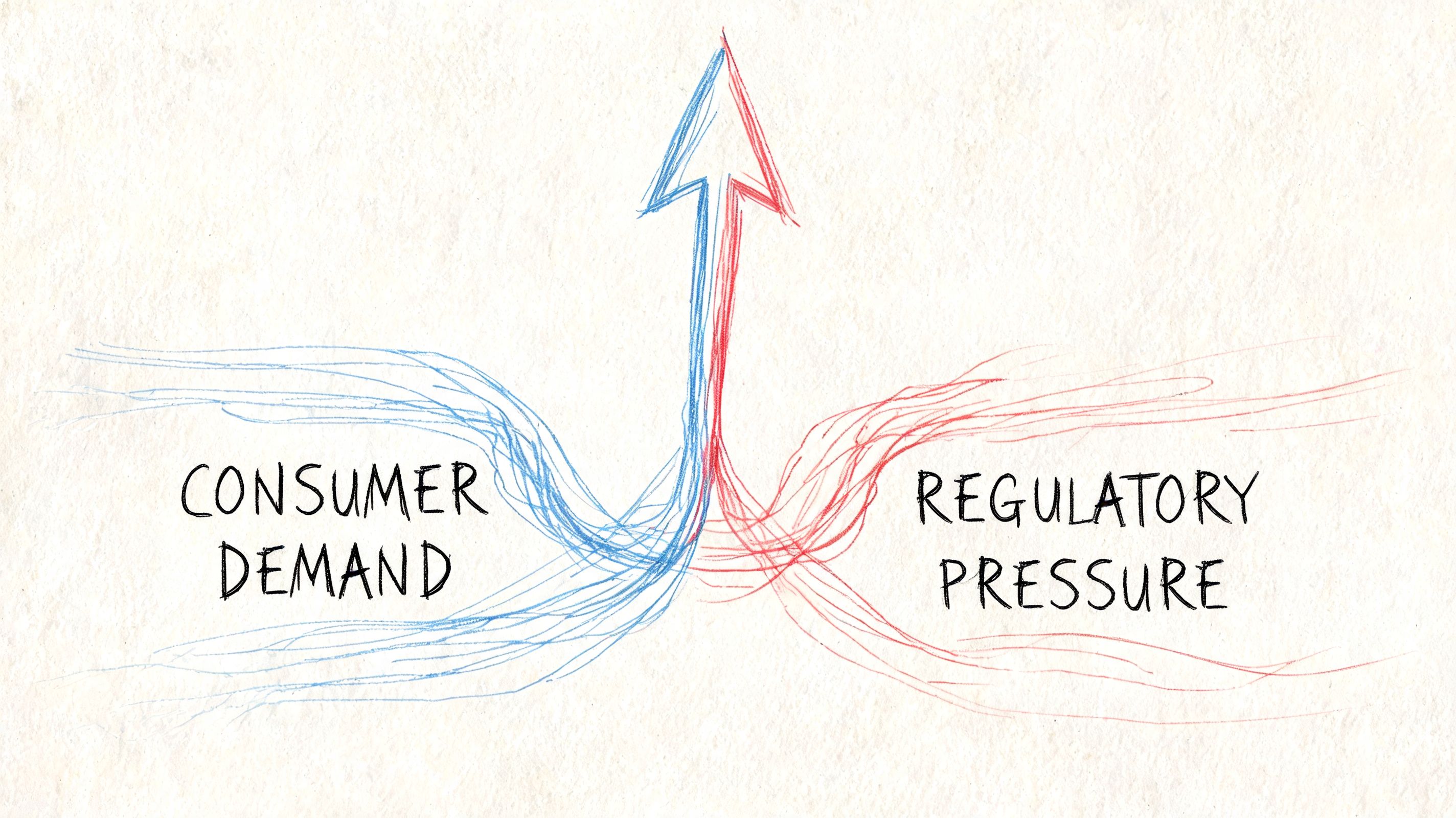 Ilustração desenhada à mão que representa a procura dos consumidores e a pressão regulatória a convergir numa única seta ascendente.