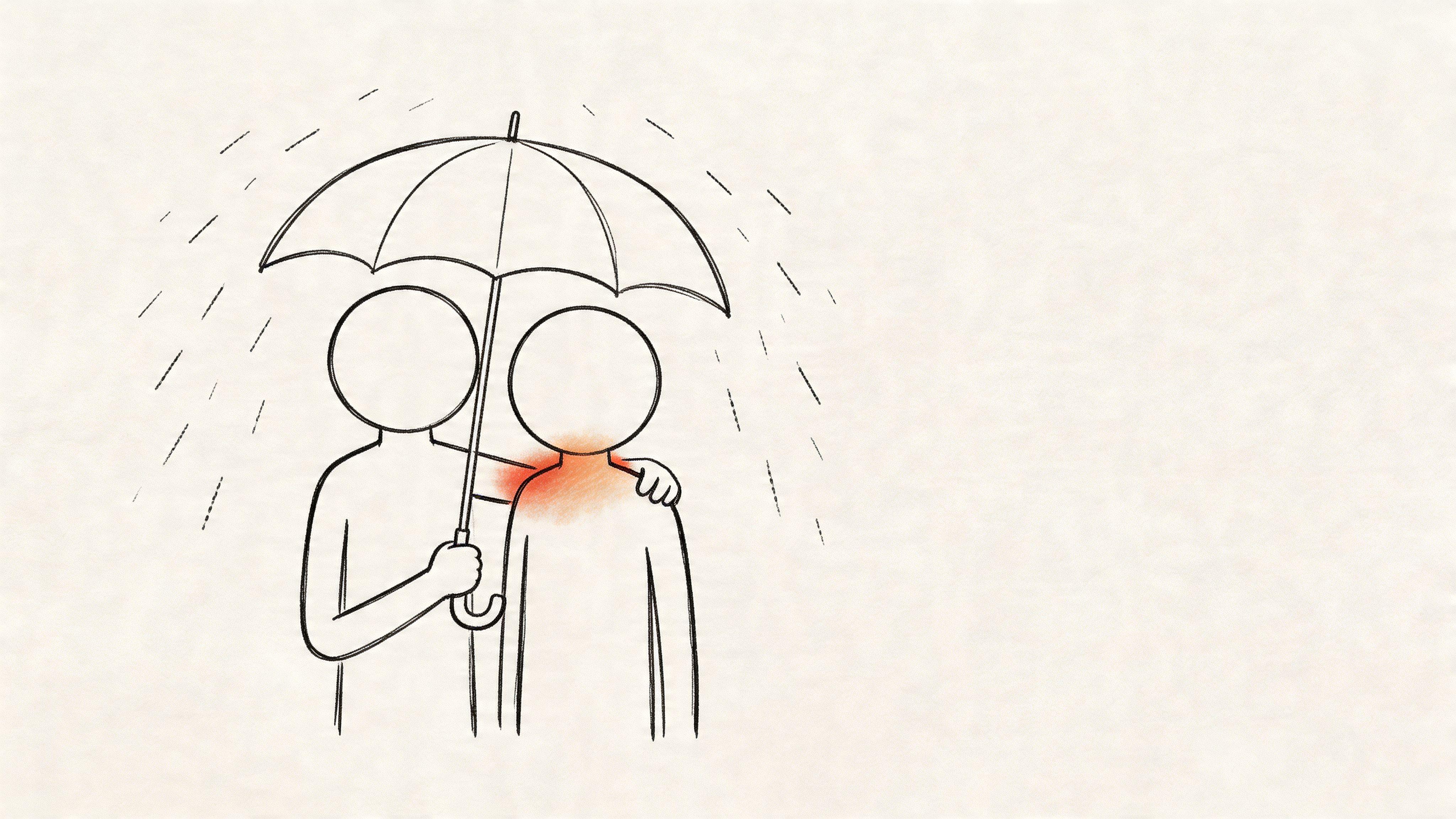 A line drawing illustration of one person comforting another under an umbrella while it rains.