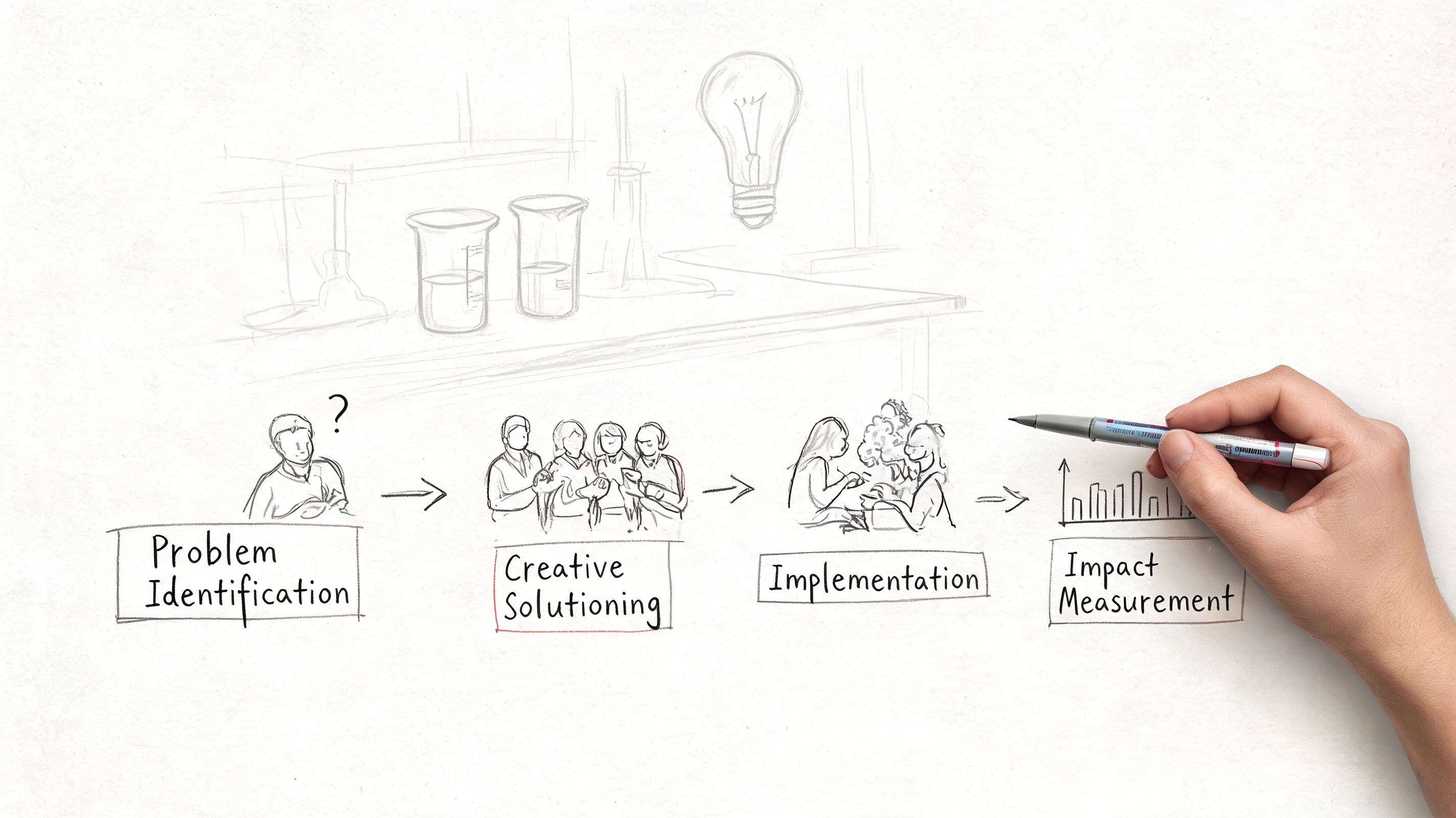 A hand drawing a flowchart representing the innovation process from problem identification to impact measurement.