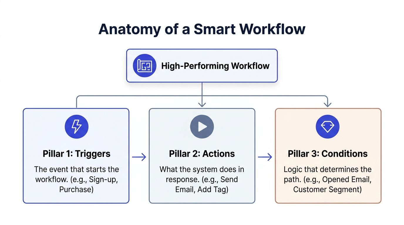 Diagrama que ilustra la anatomía de un flujo inteligente, con los desencadenantes, las acciones y las condiciones como pilares principales.