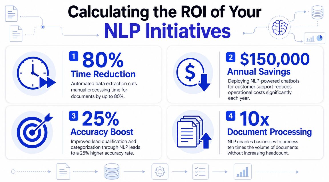 An infographic illustrating four key benefits and ROI metrics for implementing Natural Language Processing in business.